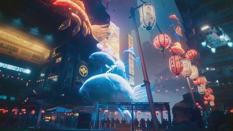 سیستم مورد نیاز برای اجرای بازی Cyberpunk 2077 نمایی زیبا از محله چینی ها با ماهی های نئونی