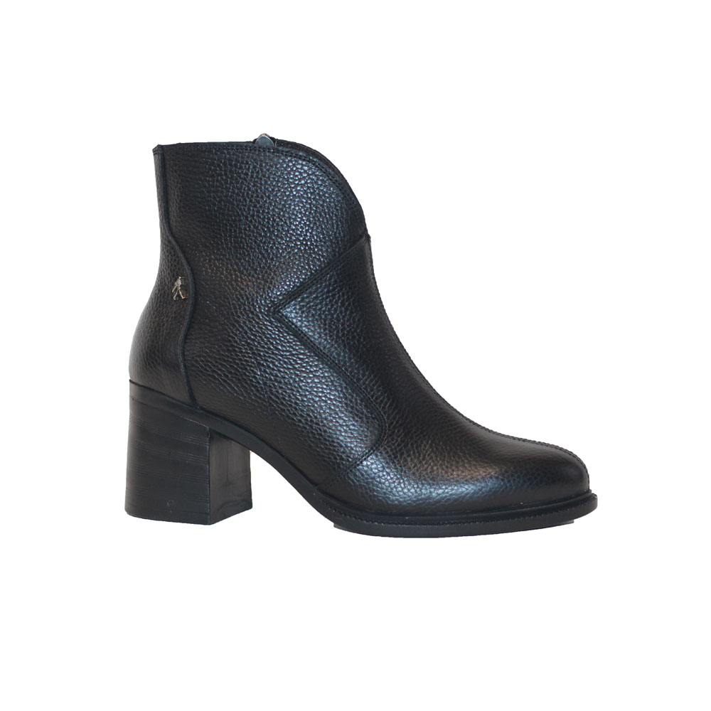 A black boot with a high heelDescription automatically generated