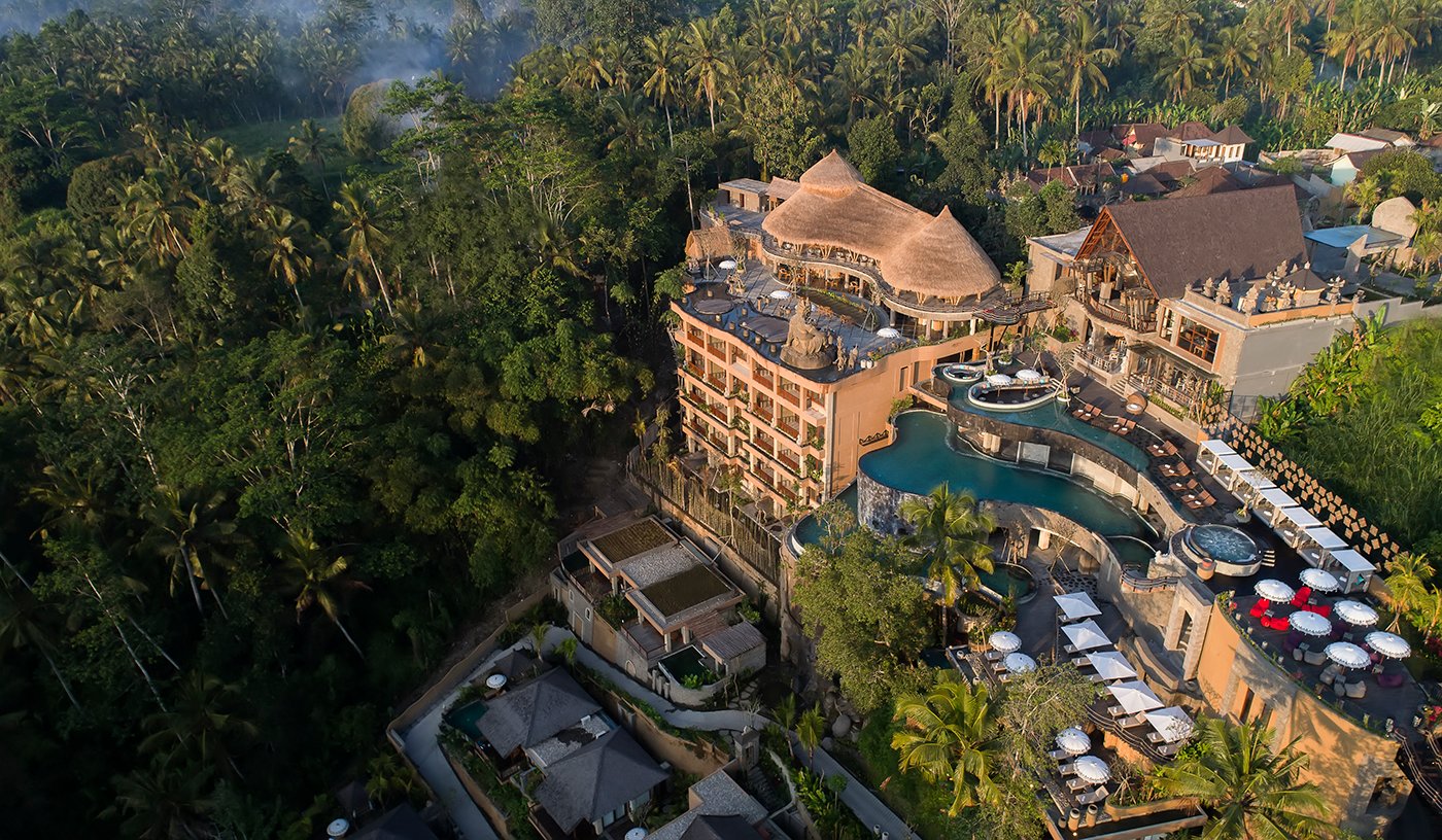 Bird's eye of three level infinity pools